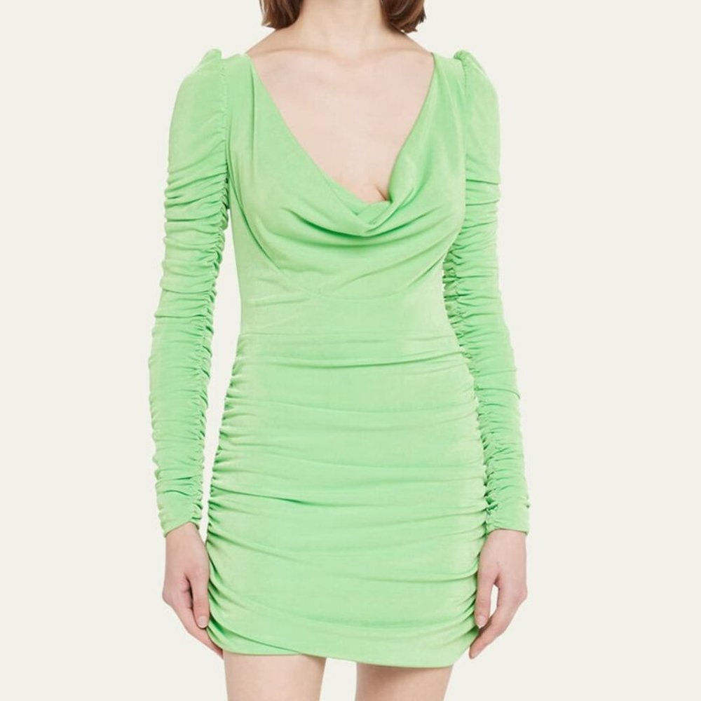 Aliette Ruched Mini Dress With Cowl Neckline in Lime Green - FCM61